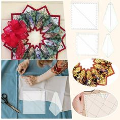 several different pictures with scissors, paper and fabric on the same page as well as instructions to make an origami flower