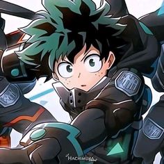 an anime character with black hair and green eyes is holding his arms out in front of him