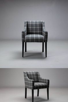 two different views of the same chair, one in black and white checkered fabric