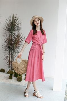 Name:  Linen Tied Knot Summer Dresses For Women   Fabric: Fabric has no stretchSeason:     Spring .Summer .FallType: DressSleeve Length:     Short sleeveColor:    Yellow and PinkDresses Length:  Maxi lengthStyle: CasualMaterial:     100% LinenSilhouette:  Fitting Model Size: Height:175 cm B/H/W:79/60/90 cm Size MSize: S:Shoulder Width:36 cm . Bust:88 cm . Length:117 cm .Sleeve Length:29 cmM:Shoulder Width:37 cm . Bus Pink Half-sleeve Maxi Dress For Spring, Casual Half Sleeve Maxi Dress For Summer, Casual Midi Dress With Tie Fastening For Vacation, Pink Half Sleeve Maxi Dress For Spring, Casual Tie Waist Maxi Dress For Spring, Casual Spring Maxi Dress With Tie Waist, Summer Half Sleeve Dress With Tie Waist, Short Sleeve Beach Dress With Tie Fastening, Casual Tie Waist Midi Dress For Spring