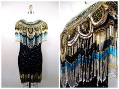 "This is a gorgeous 80's-does-20's dress beautifully detailed and hand beaded with fringe beading and sequins. It's in excellent vintage condition. Bust - 40\" Waist - 36\" Hips - 42\" Length - 35\" This dress comes from a pet-free and smoke-free home. If you would like more info or have any questions, please don't hesitate to ask!" Vintage Beaded Fringe Flapper Dress For Evening, Vintage Cocktail Flapper Dress With Beaded Fringe, Bohemian Embellished Flapper Dress For Party, Bohemian Embellished Fitted Flapper Dress, Vintage Cocktail Dresses With Beaded Fringe, Fitted Vintage Dress With Beaded Fringe, Vintage Summer Dress With Beaded Fringe, Vintage Beaded Fringe Summer Dress, Embellished Mini Dress