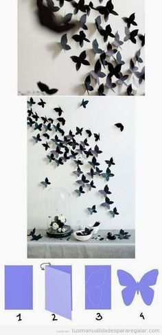 the butterflies are flying in the air above the table and on the wall next to the cake