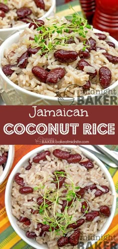 two bowls filled with rice and beans on top of a table