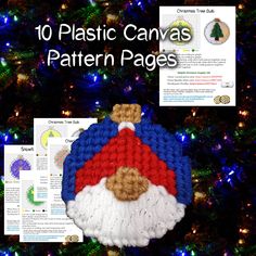 a crocheted santa clause ornament with text overlay reading 10 plastic canvass pattern pages