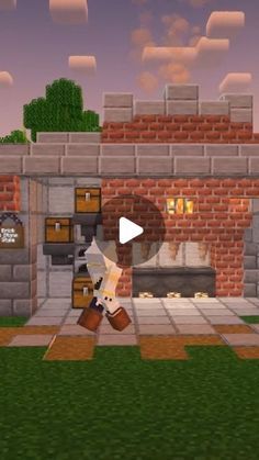 a video game with a dog in front of a brick building and a fire place