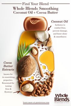 an advertisement for whole blends featuring coconut oil, cocoa butter, and almonds