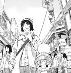 an anime scene with people walking down the street and one person holding a coffee cup