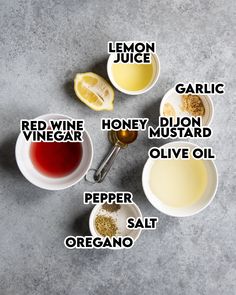 the ingredients to make lemon juice are shown in small white bowls on a gray surface