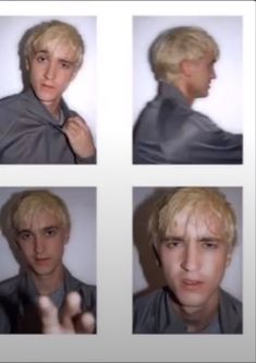 four different pictures of a man with blonde hair wearing a gray shirt and pointing at the camera