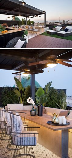 an outdoor dining area with chairs, tables and plants on the roof terrace at dusk