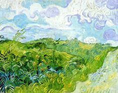 a painting of a green field with blue sky and white clouds in the back ground