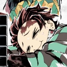 an anime character laying down with his head on the back of another character's chest