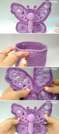 crocheted butterfly basket is shown with instructions to make it