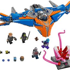 a lego set with an orange and blue plane