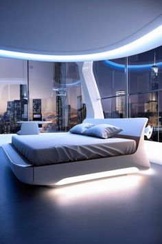 a modern bedroom with city lights in the background