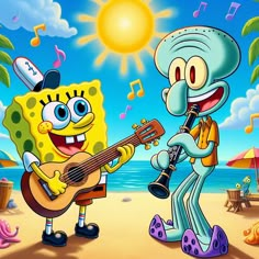 spongebob and patrick playing guitar on the beach