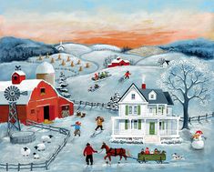 a painting of people playing in the snow with horses and farm buildings on either side