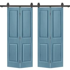 two open blue doors with metal bars on each side and one closed in the middle