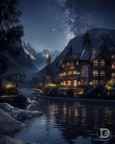 a large house sitting on top of a lake under a night sky filled with stars