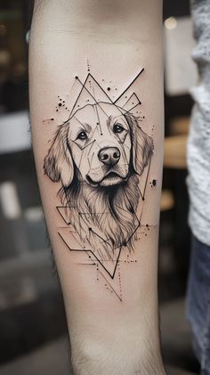 a dog's face with geometric shapes on the forearm and leg, as well as his head