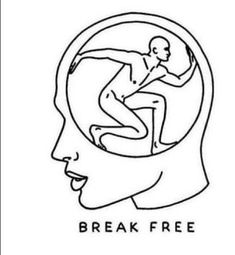 a black and white drawing of a man running in front of a head with the words break free