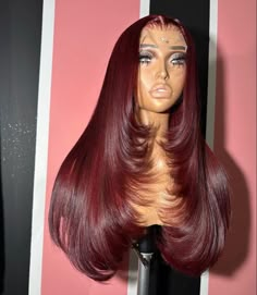 Burgundy Wig With Layers, Red Layered Wig, Red Hair Wig Black Women, Red Wig With Layers, Lace Front Wig Layers, Red Middle Part Wig, Hairstyles Avant Garde, Dark Burgundy Wig, Install Hairstyle