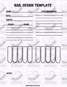 Introducing the Nail Design Template by Nails By Haylee! This simple yet effective template is the perfect place to let your creativity flow and keep yourself organized. Looking for a new way to elevate your next nail appointment or press on set? This is the perfect template for you! 💅🖤 Each template has been professionally deigned by a nail artist - me! 😊 So I can speak from first hand how these are easy to use! These templates will help you keep track of client, dates/times, length, product/brands, price breakdown, notes. And of course the nail designs!  WHAT'S INCLUDED  🖤Medium Square Nail Design Template - digital download  THIS IS FOR PERSONAL USE. Press on nail business, nail artist, nail tech, salon business owners.  📌This template IS NOT to be shared with anybody who has not p Nail Tech Service List, Nail Tech Drawer Organization, How Much To Charge For Nails, Nails Template Designs, Nail Template Free Printable, Nail Tech Notes, Nail Tech Set Up, Nail Tech Organization Ideas, Mobile Nail Tech