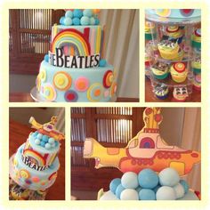 the beatles themed cake is on display for everyone to see at their birthday party in this collage