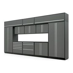 a large gray cabinet with doors and drawers on the side, in front of a white background