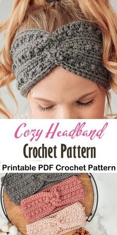 the crochet headband pattern is shown in three different colors and sizes, with text