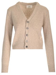 Beige cashmere knit slim fit cardigan from Ami, with V-neck and tonal embroidered logo. Composition: MAT PRINCIPALE:97% CACHEMIRE 3% LAINE Luxury Wool V-neck Cardigan, Luxury Winter V-neck Cardigan, Ami Alexandre Mattiussi, Cardigan For Women, Alexandre Mattiussi, Dress Attire, Fitted Cardigan, Yoga Wear, Dress Codes