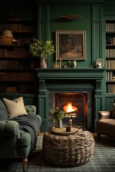 a living room filled with furniture and a fire place in front of a book shelf