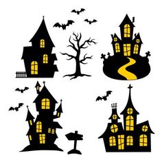 the silhouettes of houses with bats and trees are shown in this halloween clip art