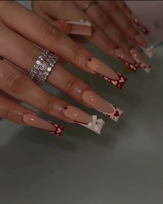 #valentinenails #valentines #rednails #whitenails #heartnails Long Red Nails, Set Nails, Vday Nails, S Nails, Acrylic Nail Shapes, Super Cute Nails, Red Acrylic Nails, Diy Acrylic Nails, Stylish Nails Designs