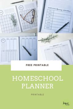 the free printable homeschool planner is shown with glasses and pencils on it