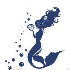 the silhouette of a mermaid holding a seashell in her hand, with bubbles surrounding it