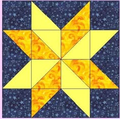 a yellow and blue quilt block with stars on the front, one star has been cut into