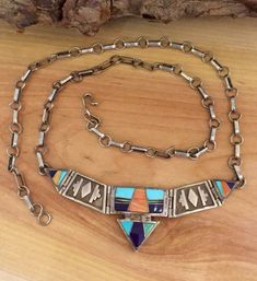 Beautiful Native American Sterling Silver Coral Lapis Onyx Turquoise Opal Vintage Necklace Singed Unique Multicolor Inlay Necklaces, Artisan Blue Inlay Necklaces, Unique Multicolor Inlay Necklace, Collectible Blue Inlay Necklace, Multicolor Inlay Southwestern Necklace, Southwestern Blue Necklace With Inlay, Southwestern Blue Inlay Necklace, Southwestern Style Blue Inlay Necklace, Usa Jewelry