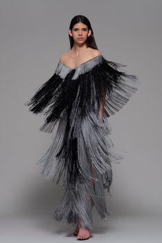 Layered fringes off shoulder dress - HerTrove Silver Fringe Dress Long, Fringe Long Dresses, Isabel Sanchis, Ankle Length Dress, Fitted Skirt, Black And Silver, Ankle Length, Off Shoulder Dress, Long Dress