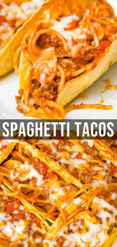 spaghetti tacos on a white plate with the text overlay that reads, lasagna spaghetti tacos