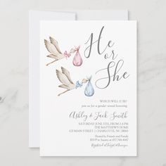 a white card with watercolor doves and a baby's bottle on it