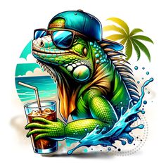 an iguana with sunglasses and a hat holding a drink