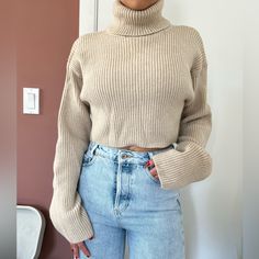 Cropped Turtle Neck Sweater, Knit, Shein Never Worn!! Fitted Chunky Knit Turtleneck Top, Fitted Beige Knitted Sweater, Fitted Knitted Beige Sweater, Solid Cropped Knit Top For Fall, Fitted Long Sleeve Neutral Sweater, Chic Cropped Beige Sweater, Chic Beige Cropped Sweater, Fitted Pointelle Knit Cropped Sweater For Fall, Fitted Chunky Knit Top For Fall