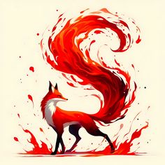 a red fox standing in front of a white background with orange and red swirls