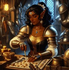 a painting of a woman in armor making jewelry