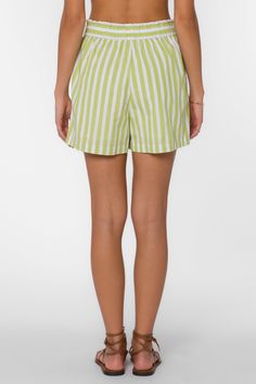 Get your summer style on with Kalyssa Shorts! These breezy striped shorts are perfect for any casual outing. The pull-on design makes them easy to wear, while the fun and playful stripes add a touch of whimsy to your wardrobe. Material: 100% Cotton Machine wash cold Color: Dark Citron White Stripe Model is 5'9"and wearing a size S Imported The White Album, Stripe Shorts, Heart Clothes, New Tops, Cami Tanks, Jacket Sale, Striped Shorts, Jacket Outfits, Sweater Jacket