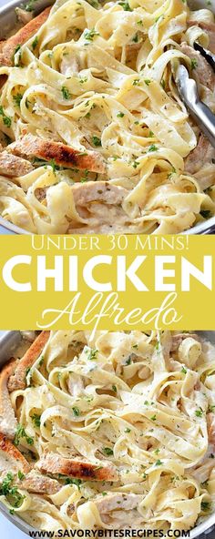 chicken alfredo in a skillet with text overlay