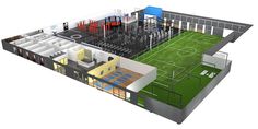 an architectural rendering of a sports facility with soccer field, gym and basketball court in the background