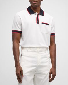 Moncler polo shirt with contrast trim    Spread collar; threebutton placket    Chest patch pocket    Short sleeves    Pullover style    Cotton    Hand wash or dry clean    Imported Polo Tshirt Men Outfit, Polo Tshirt Men, Polo Shirt White, Polo Sweater, Short Sleeve Pullover, Cotton Polo Shirt, Cotton Polo, Short Sleeve Polo, Contrast Trim