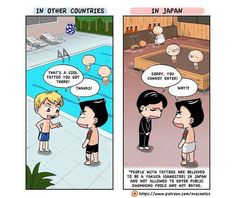 two comics depicting people talking to each other in a swimming pool, and the same cartoon is